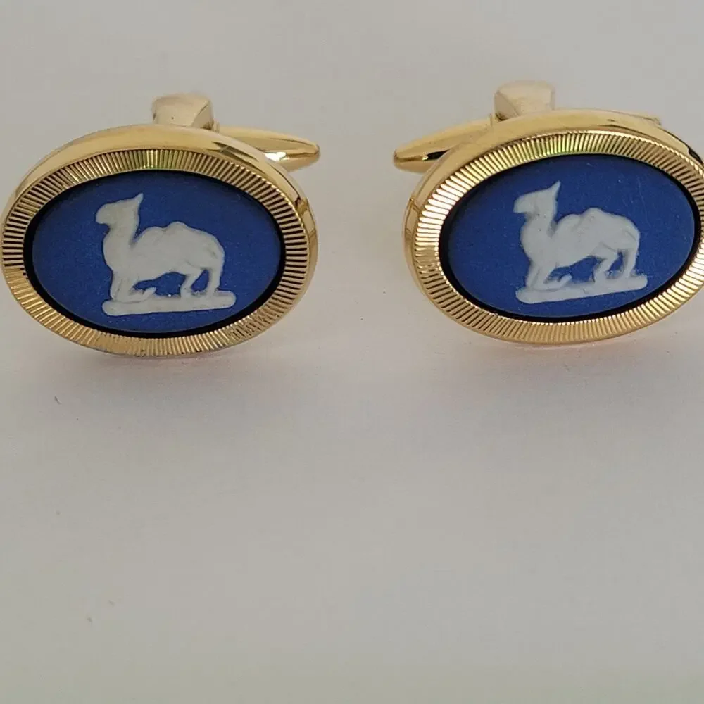 Wedgewood‎ Jasperwear Tie Bar Clip Cufflinks Set Gold Blue Tone Camel England